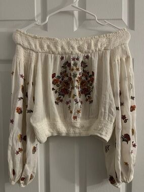 Altar'd State Cream Off-Shoulder Cropped Top with Multicolor Floral Embroidery